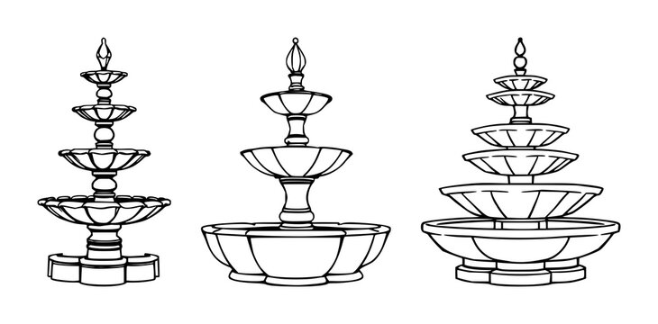 Art Deco fountain set with stepped layers and flowing water featuring vintage design, elegant structure, geometric patterns with decorative elements and classical architecture