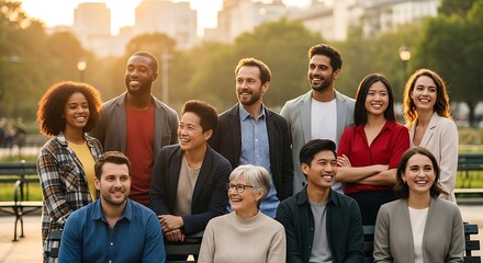 Obraz premium Diverse Group of Professionals Posing Outdoors in Sunlight.