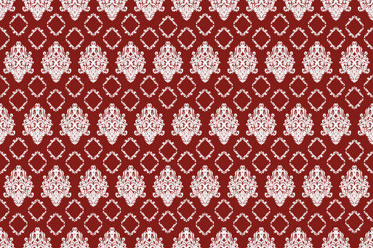 Seamless damask pattern with elegant white ornamental motifs on classic red background. Dense vintage design inspired by baroque and victorian style, ideal for luxury wallpaper, textile