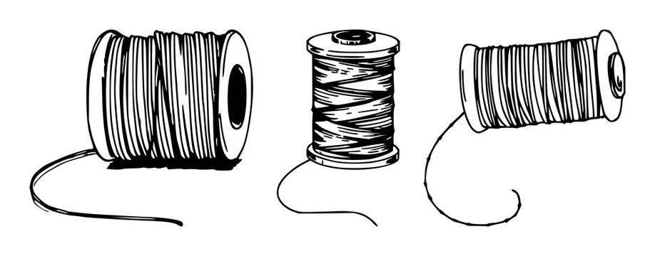 Thread spool set with hand‑drawn organic art featuring metallic thread, single spool, white background with line illustration and minimalist style