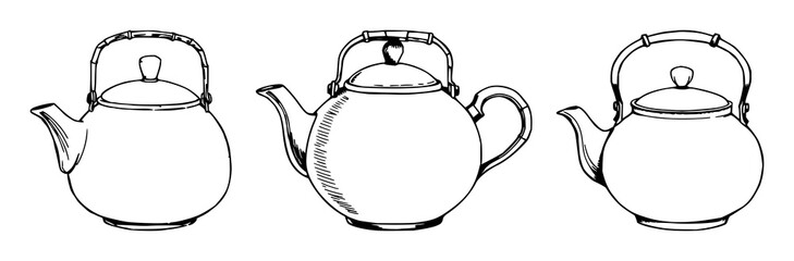Obraz premium Teapot set with hand-inked line art design featuring ceramic, bamboo handle, and kitchenware with beverage and drinkware