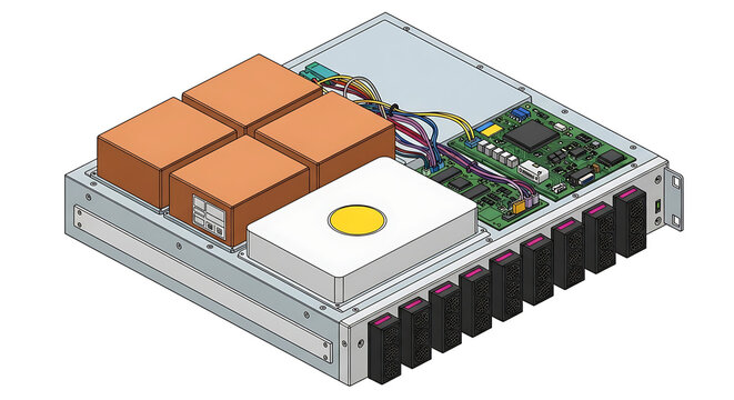 Isometric view of computer server hardware components and internal parts  circuit board and cables transparent background