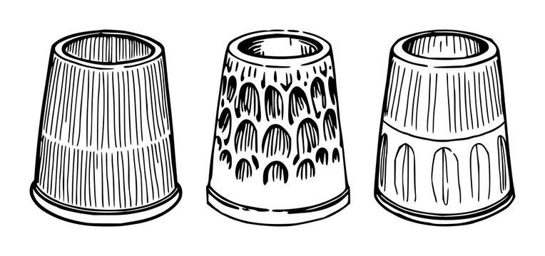Tailor's thimble set with hand-inked line art featuring tailoring, sewing, needlework with open top and white background