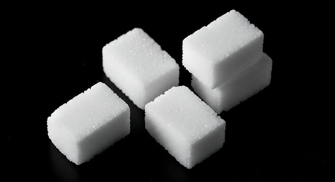Four white sugar cubes on a dark reflective surface transparent background