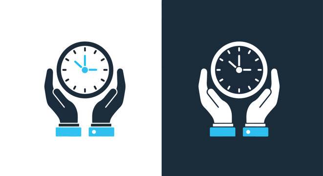 Hands holding clock time management icon - Line and glyph solid icon and logo template - Clipart, sticker - icon set