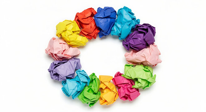 Colorful crumpled paper balls arranged in a circular rainbow pattern on white surface transparent background