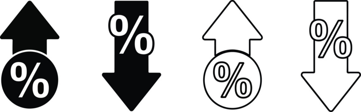 Four arrows pointing up and down with percentage symbols indicating financial growth.