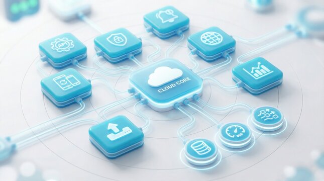 Cloud computing network architecture diagram featuring interconnected blue digital icons for data management systems and global server connectivity solutions