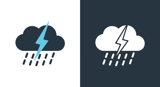 Storm cloud with lightning and rain icon - Blue icon set - Modern style icon  - Glyph and solid icon set - Icon vector