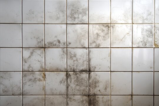 Dirty stained white tile wall texture with dark grout.