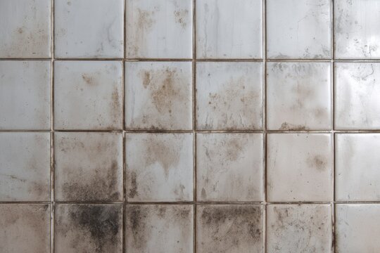 Dirty stained white tile wall texture with dark grout.