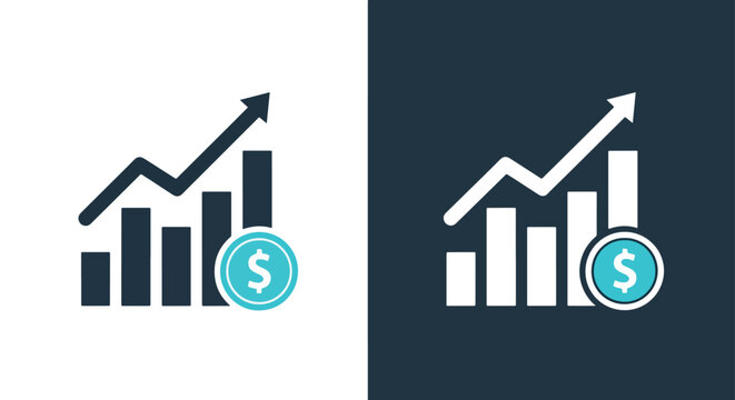 Financial growth chart with dollar coin - Minimalist, flat icon, outline, glyph, linear, clipart, sticker - icon set