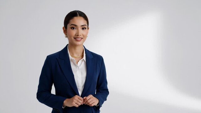 Professional Asian Businesswoman in a Navy Blue Suit Standing Against a White Background