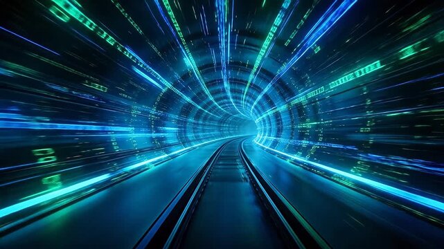 Neon green tunnel with tracks and binary code