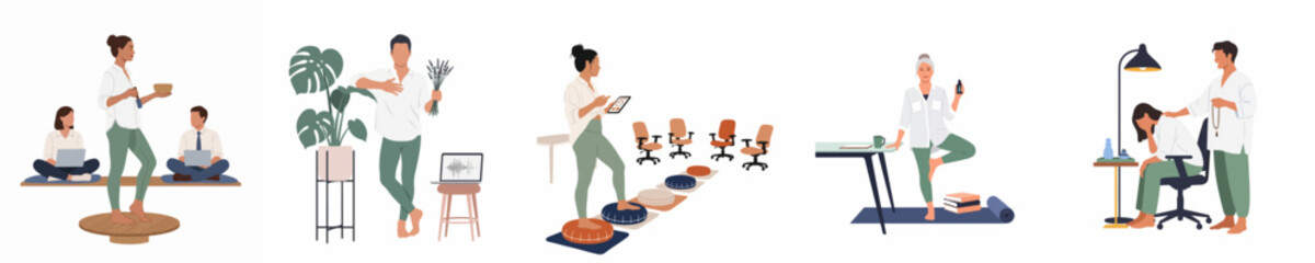 Fototapeta premium Flat illustration series depicting various workplace wellness practices, including meditation, yoga, sound healing, and supportive corporate culture for mental health.