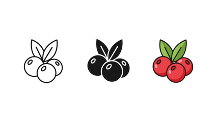 A collection of three simple berry icons, possibly cranberries or blueberries, displayed in different artistic styles. © Nuyab Stock