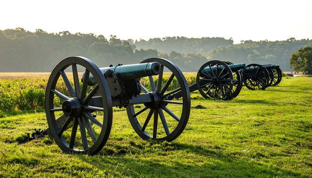 A row of antique cannons stands on a grassy field, bathed in the early morning sunlight, with trees in the distance