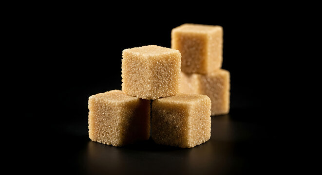 Brown sugar cubes stacked on top of each other on dark surface transparent background