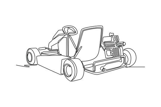 Continuous one line drawing rear view of racing go-kart, exposed engine and seat structure. Mechanical beauty, raw power of entry-level motor sport. Single line draw design vector graphic illustration