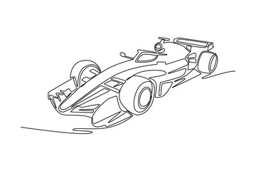 Fototapeta premium Continuous one line drawing Formula One racing car, emphasizing the intricate front wing and tire detail. High-tech precision, motor sport branding. Single line draw design vector graphic illustration