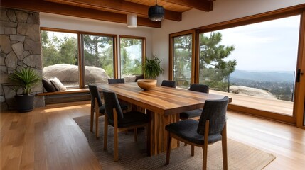 Fototapeta premium Bright modern dining room with a large wooden table overlooking a vast natural mountain landscape through expansive