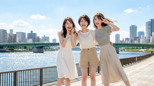 晴天の日の川沿いの遊歩道で、3人の女性が楽しそうに過ごしている様子を捉えた、活気あふれるポジティブなポートレート