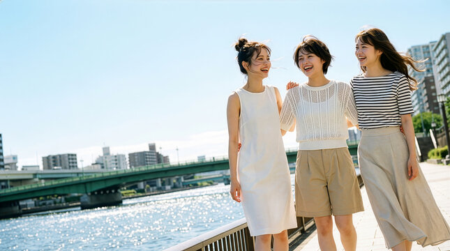 晴天の日の川沿いの遊歩道で、3人の女性が楽しそうに過ごしている様子を捉えた、活気あふれるポジティブなポートレート