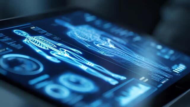 futuristic medical hand interacting with blue digital anatomy touch screen interface