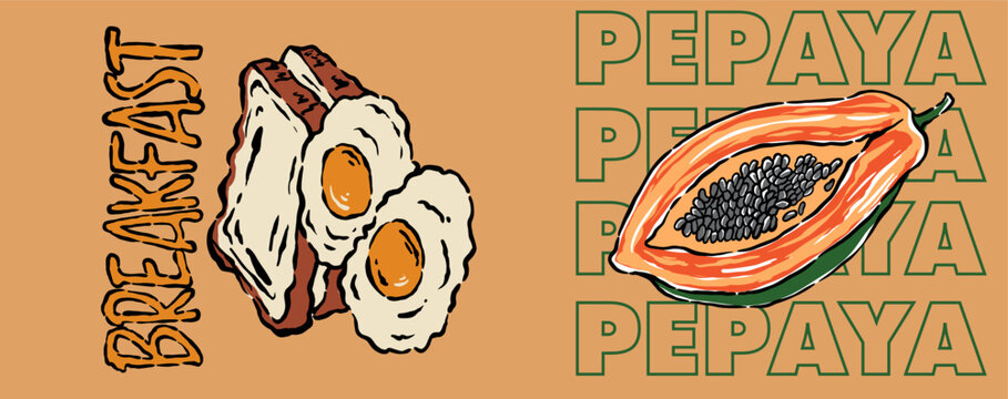 Breakfast and papaya vector graphic. Vintage food artwork for t shirt. Eggs toast and fruit design. Morning meal poster. Healthy food print.