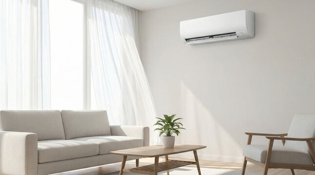 White Modern Air Conditioner Cool Breeze Interior Design. Sleek wall-mounted air conditioning unit in bright minimalist living room with flowing sheer curtains, no people