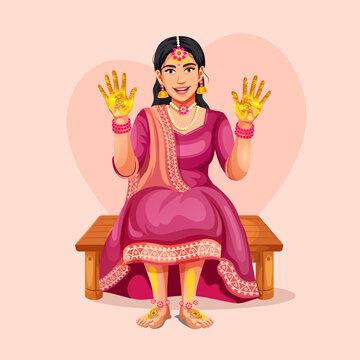 Vector of an Indian Wedding bride in colorful, glamorous traditional attire: lehenga choli. Cultural wedding ritual pre-marriage tradition