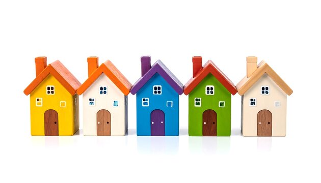 A row of five colorful wooden miniature houses with doors, windows, and chimneys against a white background, suggesting a real estate concept