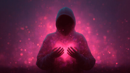 Fototapeta premium hooded silhouette holding glowing heart in dark atmosphere emotional concept of love compassion vulnerability and inner light