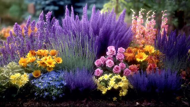 Spring season, garden park, flower, fresh, life. A vivid portrayal of a garden scene features a variety of flowers and plants. The main subject is a bed of lavender, which is a deep purple.