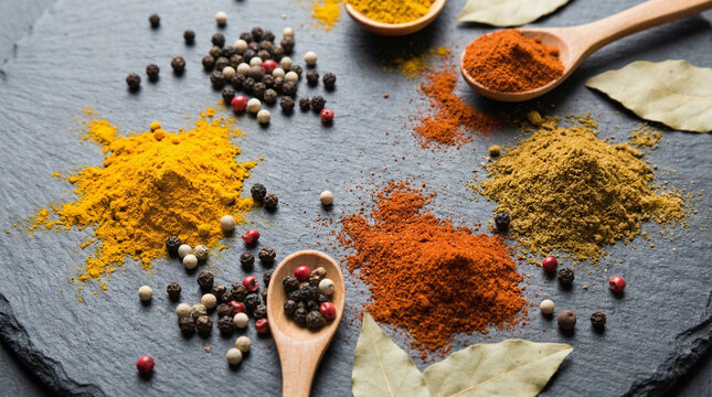 Scattered Spices and Seeds Overhead Colorful Chaos. Turmeric paprika cumin peppercorns spread on dark slate, vibrant powder colors, no people