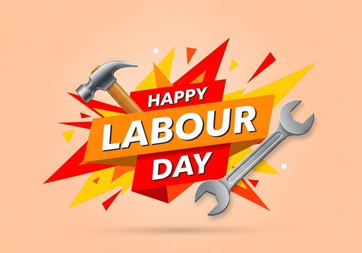 A vibrant Labour Day graphic with tools and colorful shapes on a peach background