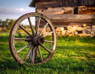 Fototapeta premium Weathered wooden wheel leaning on grass with a dilapidated building in soft focus behind