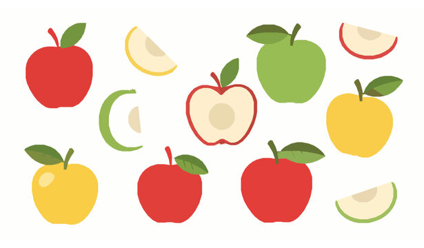 Colorful apple collection flat vector with red green yellow fruits halves slices and seeds