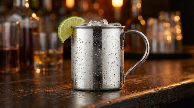 Copper Moscow Mule Mug Condensation Droplets. Shiny metal cup with lime wedge garnish, ice cold moisture beads, bar counter setting, no people