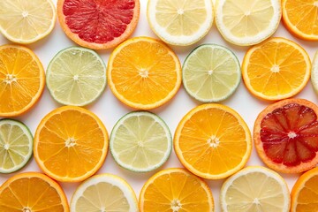 Obraz premium Vibrant assortment of citrus fruit slices displayed in a colorful arrangement on a white background