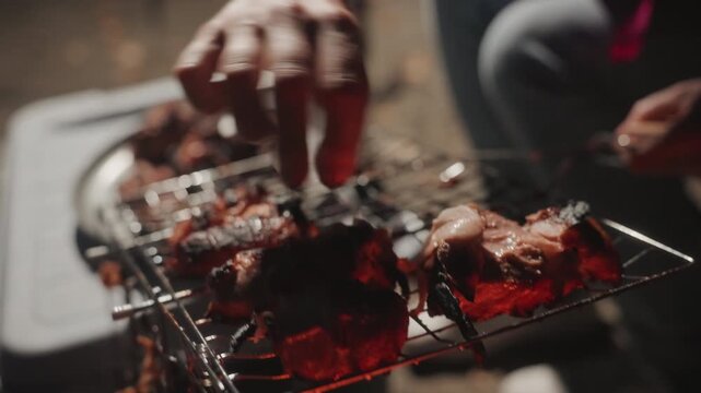Cooking over fire. Camper prepares dinner by hot grill. Close up of meat sizzling over smoldering charcoal. Active camp cook carefully searing chicken with smoky glow and lively flames