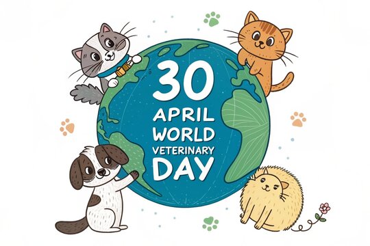 Cute cartoon animals including cats a dog and a hedgehog gathered around a blue globe representing the world to celebrate the important thirtieth of April as international veterinary day highlighting 