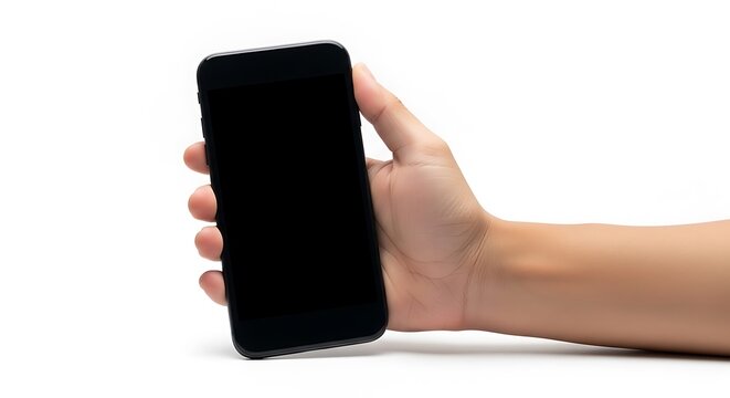Hand holding blank smartphone screen device.