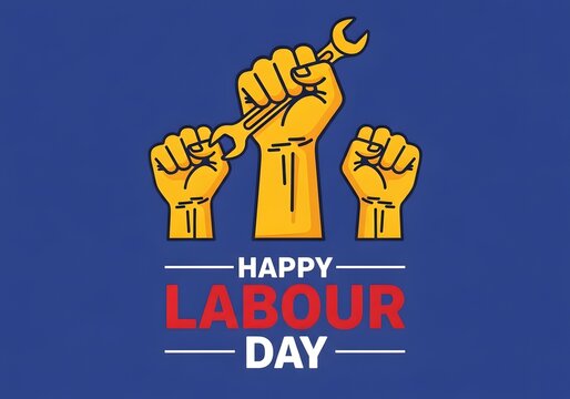 A Labour Day graphic with three fists holding a wrench on a blue background