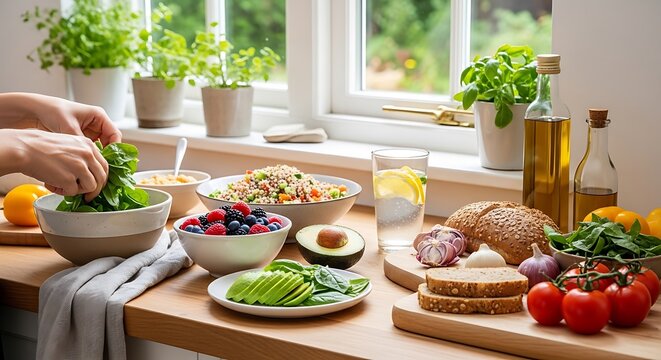 Healthy food on kitchen counter top.