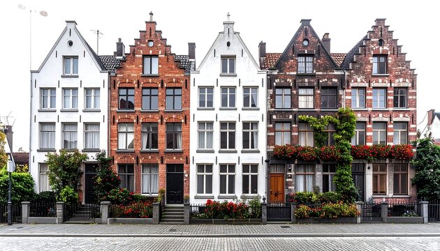 A row of colorful, intricately designed historic townhouses with gabled roofs, adorned with flowers, and set on a paved street
