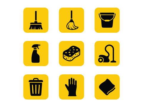 Set of nine black cleaning icons on yellow rounded square backgrounds.