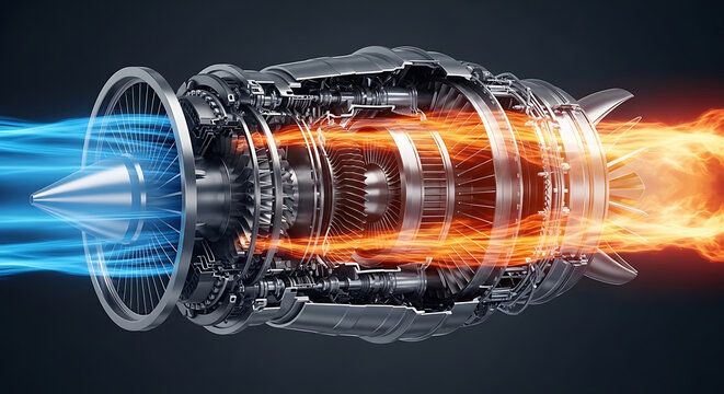 Advanced jet engine technology revealing intricate internal mechanics, powerful thrust, and energy flow