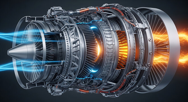 High-Resolution 3D Rendered Jet Engine Displaying Glowing Internal Parts and Powerful Energy Effects