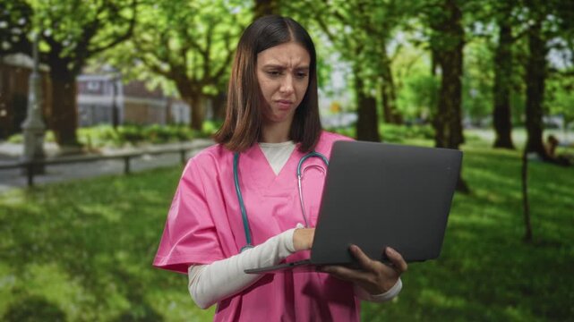 Nurse woman in pink scrubs holding laptop and touching cheek with a puzzled frown in a forest near a building walkway; frustration.